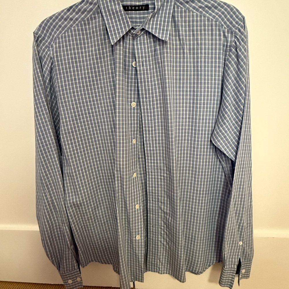 Theory Men's Blue Plaid Dress Shirt